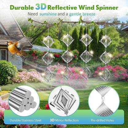 Bird Deterrents for Outside, 12 Discs Stainless Steel 3D Wind Spinners Garden Decor, 4 Sets Reflective Bird Scare Devices to Keep Woodpeckers, Pigeons Away from Patio, Balcony, Porch, Deck