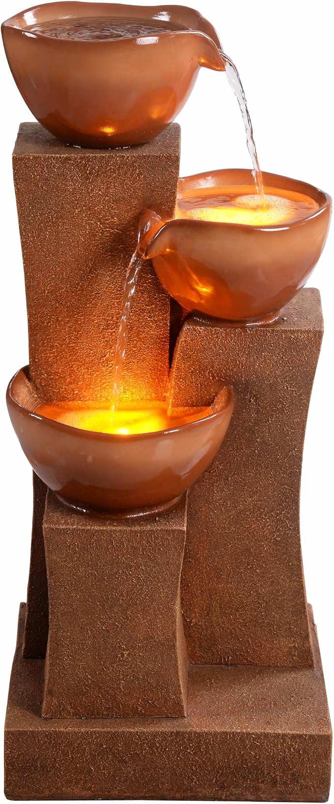 Teamson Home 28.54 in. 3-Tier Cascading Outdoor Water Fountain, Brown | LED Lights, For Gardens, For Landscaping, For Patios, For Balconies