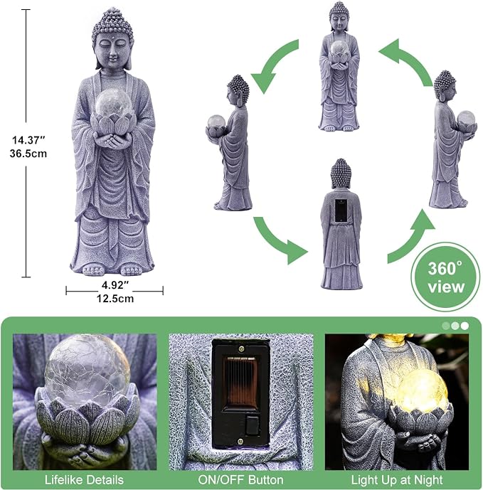 Solar Buddha Statue Outdoor – 14 Inch Tall Solar Outdoor Yard Zen Garden Decor - Ideal Gifts for Housewarming