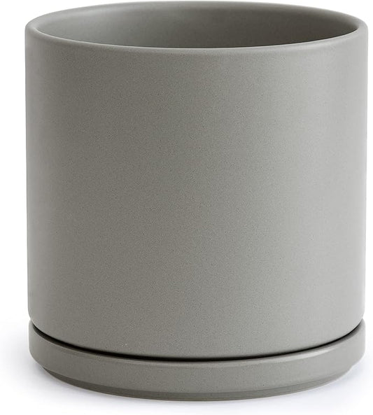 D'vine Dev 8 Inch Ceramic Planter Pot, Grey, 94-O-D-3 | Modern Cylinder Design, Drainage Hole & Saucer Included, Stable Structure, Elegant Home Accent