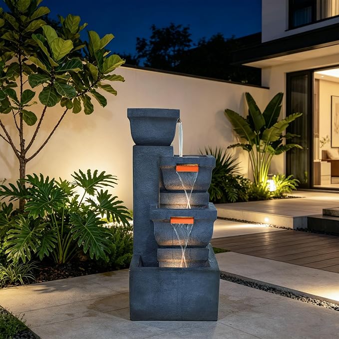 Large Outdoor Fountains, 4-Tier Garden Fountain with LED Lights, Cascading Waterfall Floor Standing Water Feature for Patio Yard Backyard