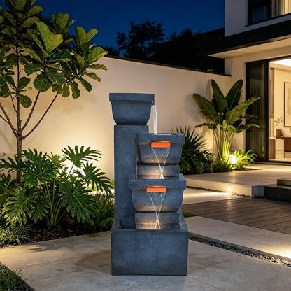 Large Outdoor Fountains, 4-Tier Garden Fountain with LED Lights, Cascading Waterfall Floor Standing Water Feature for Patio Yard Backyard