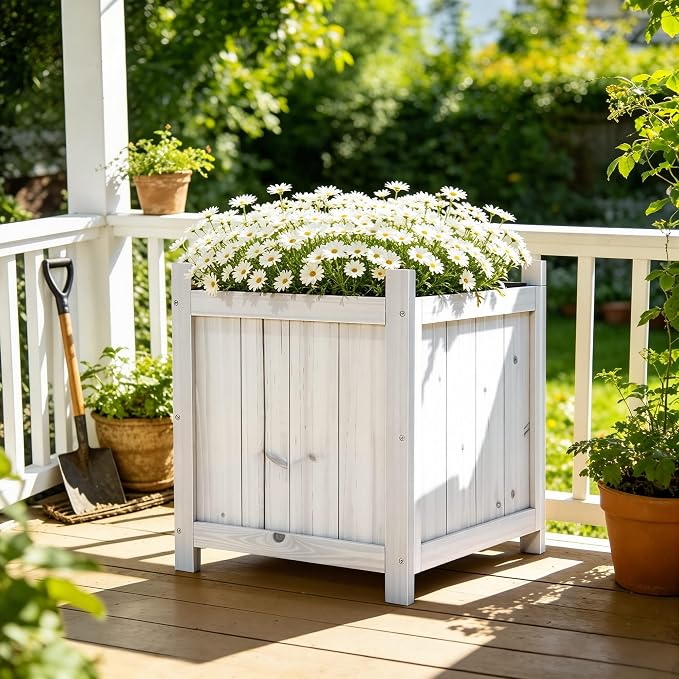 2-Pack 16" White Fir Wood Square Planter Boxes with Drainage Holes | Set of 2 whitewashed fir wood planters with removable bases, liners, and drainage holes for porch, patio, or garden