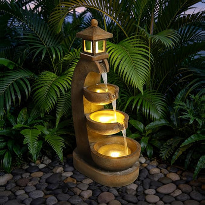 35.4" Outdoor Water Fountain, 3 Tier Bowl Cascading Freestanding Water Fountain, Outdoor Fountain with LED Lights, Lantern Style Garden Water Feature, Suitable for Patio Yard Porch, Brown