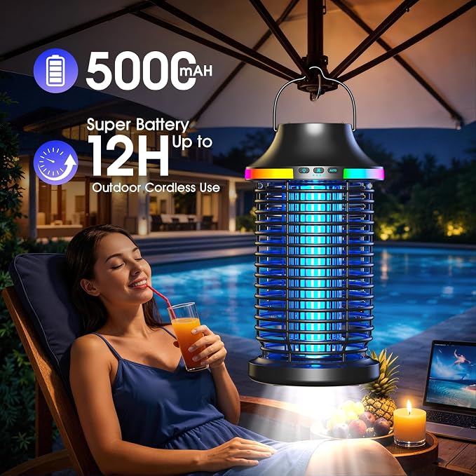 Bug Zapper Outdoor Cordless, 2026 Upgraded 4200V Electric Mosquito Zapper 5 in 1 Rechargeable Bug Zapper Outdoor Waterproof with 5000mAH Battery, Portable Fly Zapper Insect Zapper for Patio Camp