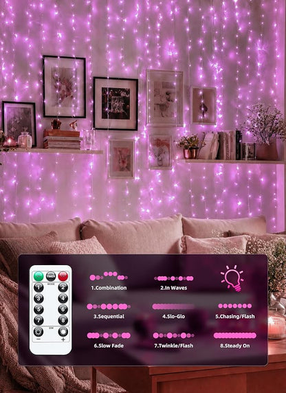 Brightown 300 LED Pink Fairy Curtain Lights, 9.8ft x 9.8ft String Lights | USB Plug in 8 Lighting Modes Christmas String Hanging Lights with Remote for Bedroom Indoor Outdoor Xmas Valentine's Day