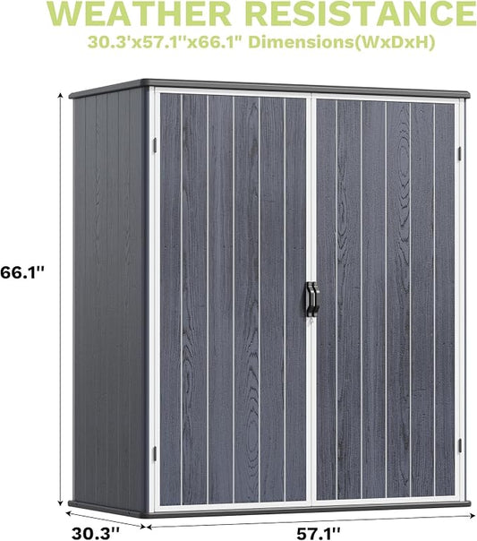 Devoko 5x3 FT Resin Storage Shed with Floor, Small Plastic Vertical Outdoor Cabinet with Lockable Door, Waterproof Tool Garden Shed for Backyard Patio Lawn, Dark Gray