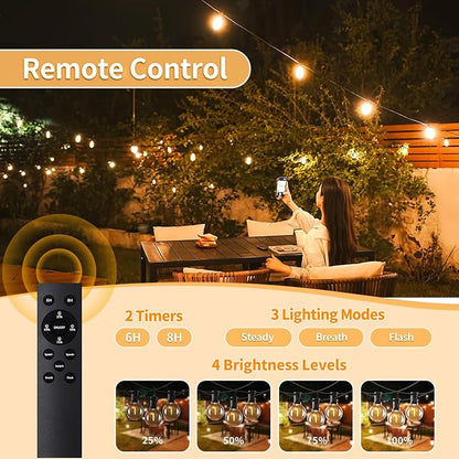 SANBEN Outdoor String Lights-100ft 50+2 G40 Bulbs Patio Lights with Remote | Dimmable & Timer, IP65 Waterproof & Shatterproof, 24V Low-Voltage LED Lights for Outside Deck Garden Backyard Porch Party