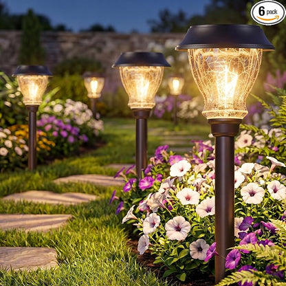 XMCOSY+ Solar Pathway Lights Outdoor, 6 Pack Crackled Glass Solar Garden Lights, Warm White Dusk to Dawn, Waterproof Auto On/Off Landscape Lighting for Yard Walkway Driveway Patio