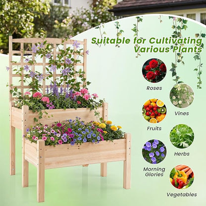 Giantex Raised Garden Bed with Trellis, 2-Tier Elevated Planter Box for Climbing Plants, Flowers, Vegetables, Herbs, Outdoor Wooden Vertical Garden Bed with Drainage Holes, for Patio Backyard Balcony