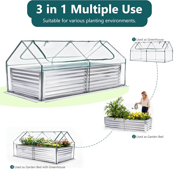 NEWBULIG Galvanized Raised Garden Bed with Cover, 6x3x2ft Metal Planter Box Outdoor, Rectangular Raised Garden Planter Small Greenhouse for Vegetables Flowers Herbs, Open Bottom, Clear