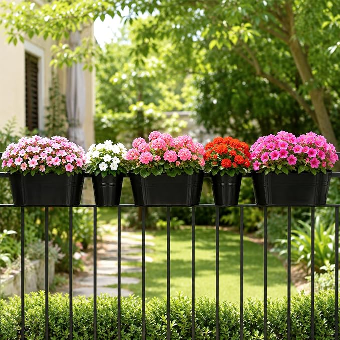 KINGLAKE Flower Pots,10 Pcs Metal Iron Hanging Flower Plant Pot Balcony Garden Plant Planter Baskets Fence Bucket Pots 10.6" & 5.1" Flower Holders with Detachable Hook Black