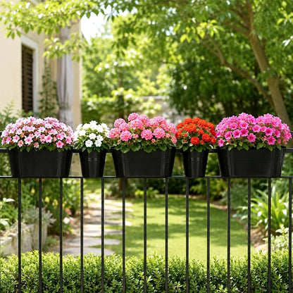 KINGLAKE Flower Pots,10 Pcs Metal Iron Hanging Flower Plant Pot Balcony Garden Plant Planter Baskets Fence Bucket Pots 10.6" & 5.1" Flower Holders with Detachable Hook Black