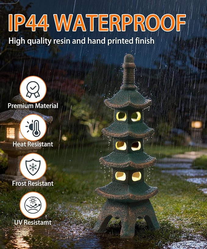 Nacome Solar Pagoda Garden Statues: 25.6 inches Multi-Layer Outdoor Weatherproof Resin Zen Decor for Landscape Balcony Patio Porch Yard Ornament(Bronze)
