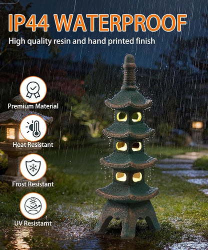 Nacome Solar Pagoda Garden Statues: 25.6 inches Multi-Layer Outdoor Weatherproof Resin Zen Decor for Landscape Balcony Patio Porch Yard Ornament(Bronze)