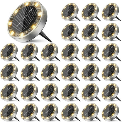 30 Pack Solar Ground Lights Outdoor, 8 LED Mini Flat Solar Disc Lights, IP65 Waterproof Pathway Lights Solar Powered, Landscape Lighting for Garden Walkway Driveway Yard Lawn,Warm White