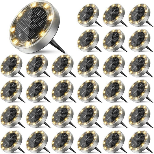 30 Pack Solar Ground Lights Outdoor, 8 LED Mini Flat Solar Disc Lights, IP65 Waterproof Pathway Lights Solar Powered, Landscape Lighting for Garden Walkway Driveway Yard Lawn,Warm White