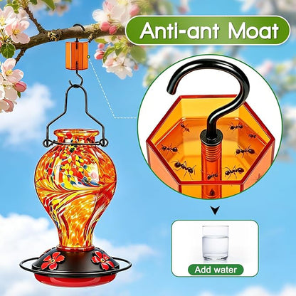 Hand Blown Glass Hummingbird Feeders for Outdoors Hanging, 24oz Wild Bird Nectar Feeder with Ant Moat and Perch, Bee-Resistant Ports, Garden Decor, Gifts for Women Mom, 1 Pack, Orange Phoenix