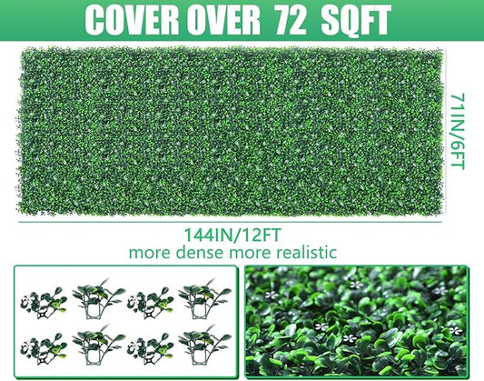 Grooy 71"x 144"(72 sq.ft) Artificial Boxwood Roll Panels with Flowers, UV-Anti Faux Ivy Leaves Privacy Fence Screen, Grass Wall Roll Panels for Indoor Home Decor and Outdoor Garden Backyard