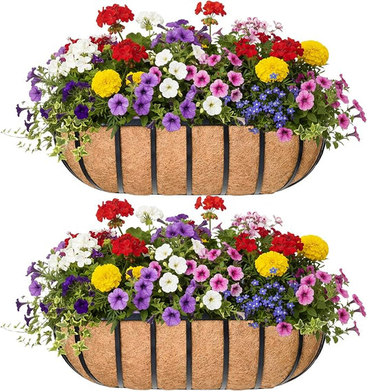24“ Window Box Railing Planter with Coco Liner Metal Wall-Mounted Coconut Liner Planter Basket English Horse Trough Planters for Outdoor Deck Balcony Porch Fence Patio Black (2 Pack)