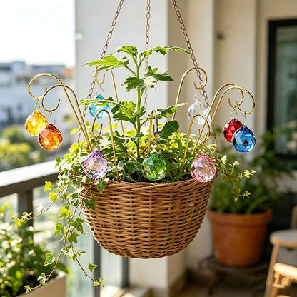 9PCS Colorful Crystal Ball Prisms with 7.5‘’ Small Gold Trellis for Plants | Mini Potted Plant Indoor Accessories,Sun Catchers,Metal Plant Stakes Suncatchers for Home Fairy Garden Decor,Whimsical Decor