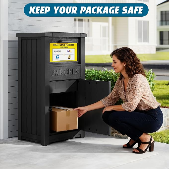 LHBGO Package Delivery Box with Sign, Lockable & Weatherproof Anti-Theft Parcel Delivery Box for Porch, Curbside, Patio，Black