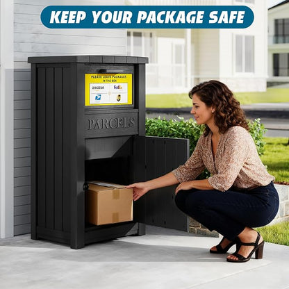 LHBGO Package Delivery Box with Sign, Lockable & Weatherproof Anti-Theft Parcel Delivery Box for Porch, Curbside, Patio，Black