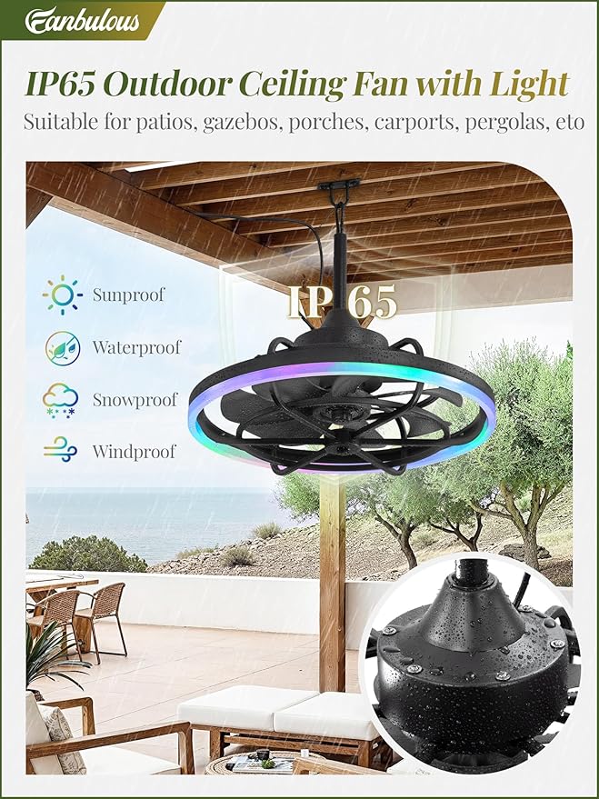 Fanbulous Outdoor RGB Ceiling Fans with Light for Patios, 24" Waterproof Plug in Ceiling Fan, Gazebo Fan Remote&APP Control, 3CCT Dimmable,Caged Ceiling Fan with Hanging Hook for Porch, Pergola