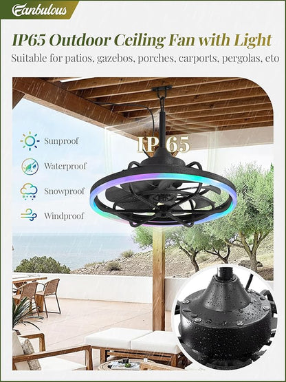 Fanbulous Outdoor RGB Ceiling Fans with Light for Patios, 24" Waterproof Plug in Ceiling Fan, Gazebo Fan Remote&APP Control, 3CCT Dimmable,Caged Ceiling Fan with Hanging Hook for Porch, Pergola
