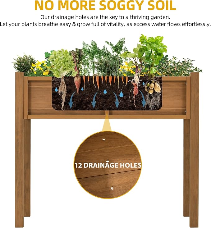 DWVO Raised Planter Box with Legs Raised Garden Bed HDPE Poly Wood Weather-Resistant Elevated Garden Bed with Drainage System Planter Boxes Outdoor for Herbs Vegetables Flowers, Teak
