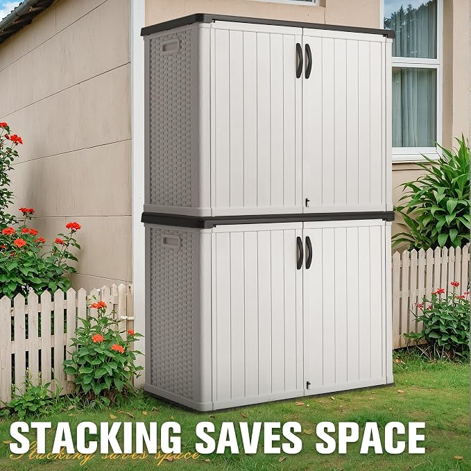 Greesum Outdoor Horizontal Storage Sheds 26 Cu.ft Resin Large Storaged Box Weather Resistance, Without Shelf, Easy to Assemble, Prefect for Garden, Patios, Backyards, White