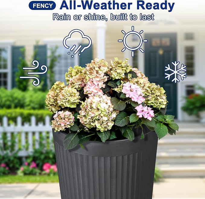 FENCY Self Watering Tall Planters Set of 2, Black Round | 24 Inch, with Water Level Indicator& Spacious Reservoir, Plastic Tapered Pots, Weather-Resistant, Front Door Decor