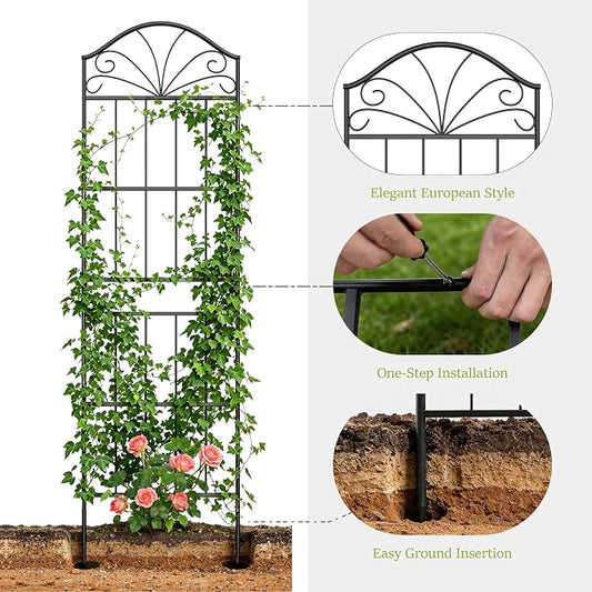 VOXOR Metal Trellis for Climbing Plants Outdoor, 70 * 19.7 Inch Tall Garden Trellis with Black Rustproof Coating, Decorative Rose Trellis for Climbing Roses, Vines, and Flowers, 2 Pack