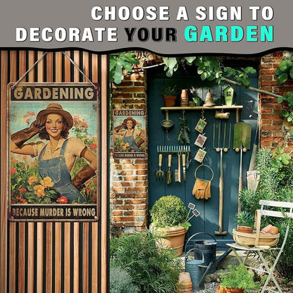 PEACHGARDEN Vintage Garden Sign Gardening Because Murder Is Wrong Retro Rustic Metal Tin Sign Funny Gardening Gift for Women Outdoor Wall Decor for Garden Lovers 8x12inch