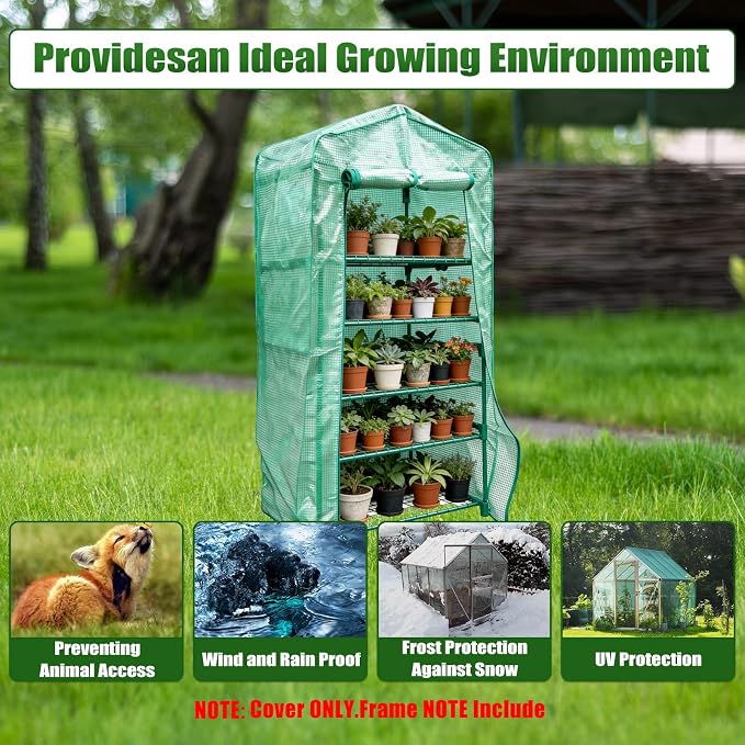 4 Tier Greenhouse Replacement Cover, 63" x 27.2" x 19.3"Greenhouse PE Cover with Roll-Up Zipper Door & Screen Ventilation, Waterproof UV Resistant Outdoor Greenhouse Cover (Frame Not Included)