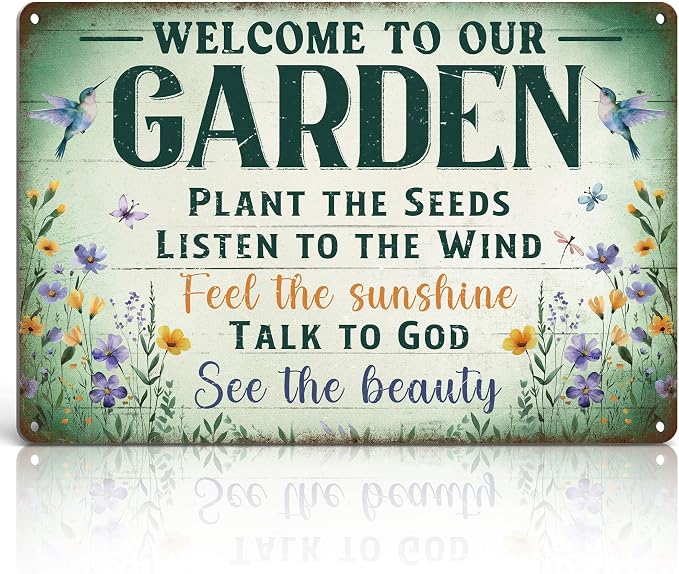 Vintage Garden Decor Gardening Art Signs Plant Lovers' Gifts | Motivational Greenhouse Yard Fence She Shed Wall Decor Women Gardeners Welcome To Our Garden Tin Sign 12x8 Inch Weather-proof