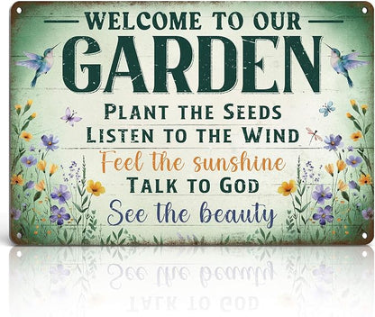Vintage Garden Decor Gardening Art Signs Plant Lovers' Gifts | Motivational Greenhouse Yard Fence She Shed Wall Decor Women Gardeners Welcome To Our Garden Tin Sign 12x8 Inch Weather-proof