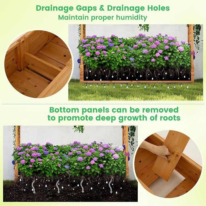 Giantex Set of 2 Raised Garden Bed with Trellis & Hanging Roof, Wood Planter Box with Bottom and Drainage Holes, Freestanding Garden Planter for Flower Vegetable Fruit Herb Climbing Vines, 77"x17"x70"
