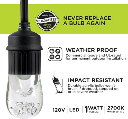 Enbrighten Classic Warm White String Lights, 36ft Black Cord, 18 Shatterproof Acrylic Bulbs, Weatherproof, Outdoor String Lights, 33171