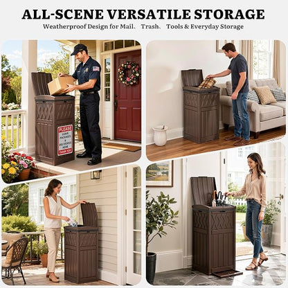 YITAHOME Package Delivery Box with Lift-Out Bag, 31 Gallon Waterproof Parcel Drop Box with Sign, Resin Porch Package Container for Curbside& Outdoor Use, Dark Brown