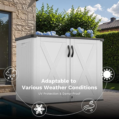 Greesum Outdoor Storage Cabinet, 26 CUFT Deck Box Without Shelves, Waterproof Plastic Storage Shed for Patio Cushions, Gardening Tools, Sidehandles and Lockable, UV Resistant, White