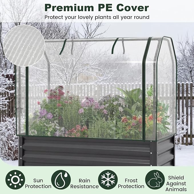 Giantex Raised Garden Bed with Legs & Greenhouse Cover, 44x22x60 Elevated Metal Planter Box with Roll-up Door, Outdoor Mini Greenhouse for Vegetable Flower Herb Patio Balcony (Black,2)