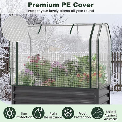 Giantex Raised Garden Bed with Legs & Greenhouse Cover, 44x22x60 Elevated Metal Planter Box with Roll-up Door, Outdoor Mini Greenhouse for Vegetable Flower Herb Patio Balcony (Black,2)