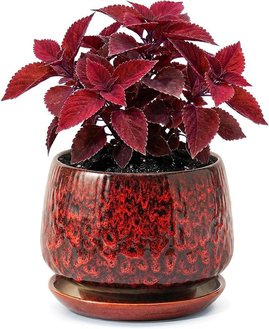 7.5 Inch Ceramic Planter with Saucer,Modern Garden Pots with Drainage Hole Mesh Net, for Indoor Outdoor Use(Speckle Red)