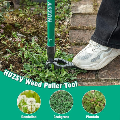 HUZSV Weed Puller Tool Gardening Hand Weeding Tool with Long Handle 4 Steel Claws and Collapsible Trash Can for Lawn and Garden,Easily Remove Weeds Without Bending, Pulling,or Kneeling