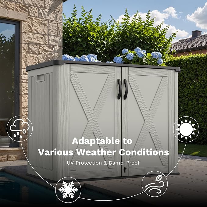 Greesum Outdoor Storage Cabinet, 26 CUFT Deck Box Without Shelves, Waterproof Plastic Storage Shed for Patio Cushions, Gardening Tools, Lockable and Sidehandles, UV Resistant, Beige