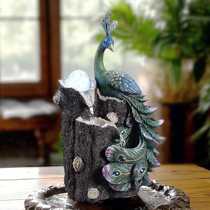 Kalona Tabletop Peacock Waterfall Fountain, 13.39" Indoor Water Feature with Rotating Glass Globe & LED Light-Up Base, Desktop Zen Fountain for Home Office Relaxation Decor (23048)