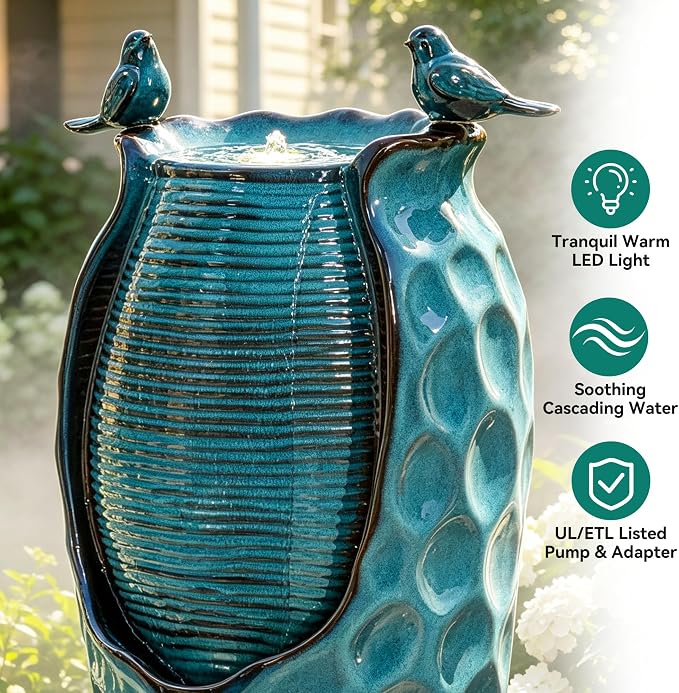 Autodaya 33" Vase Ceramic Outdoor Water Fountain with Lights and Birds | teal blue glazed water feature with textured design, ambient soothing cascading water flow for garden patio yard sanctuary