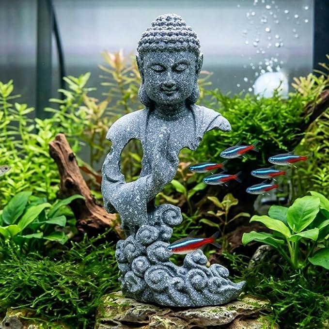 LIYAOLI Sandstone Buddha Statue for Fish Tank Decorations, Aquarium Decor with Auspicious Cloud, Betta Fish Tank Accessories, Zen Monk Sculpture for Home Office Feng Shui, Good Luck Wealth