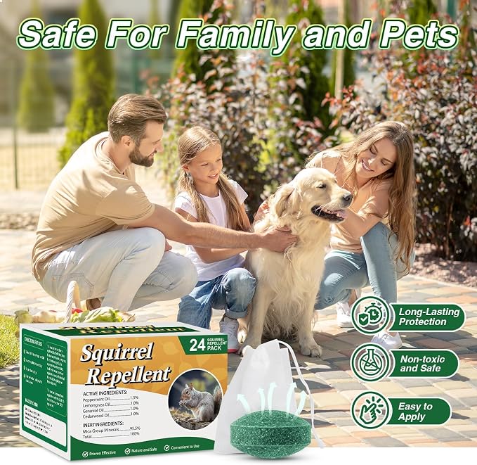 24 Pack Squirrel Repellent Outdoor Balls, Peppermint Oil Squirrel Deterrent Indoor & Outdoor Use for Attic, Car, Garage, Garden, Safe for Family & Pets